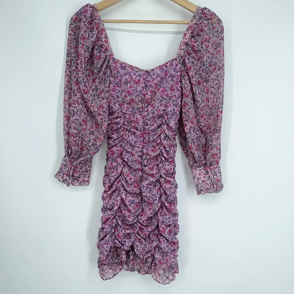 ZARA Floral Print Draped Long Sleeve Ruffle Mini Dress Bloggers Fav Pink/ Purple - Picture 8 of 12